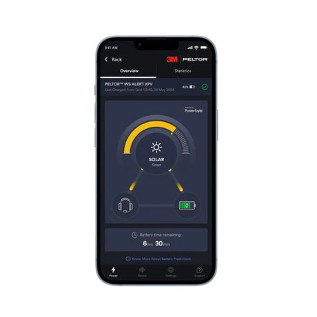 Integrert Powerfoyle-solcelle lader hørselsvernet både fra sollys og kunstig lys, eliminere behovet for hyppige batteribytter.